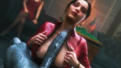 2girls 3d 3d_(artwork) ada_wong ada_wong_(adriana) areolae asian asian_female biohazard blender blender_(software) blue-skinned_male blue_skin boobjob breasts brown_hair capcom claire_redfield claire_redfield_(jordan_mcewen) cum cum_on_body cum_on_breasts erected_nipples exposed_breasts female huge_cock human human_on_humanoid humanoid interspecies jacket large_penis light-skinned_female light_skin male medium_breasts monster monster_cock mr_x necklace nipples no_bra paizuri ponytail precum red_jacket resident_evil resident_evil_2 resident_evil_2_remake stephanie23 straight tied_hair titjob tyrant vein veins veiny veiny_penis watching wet_skin