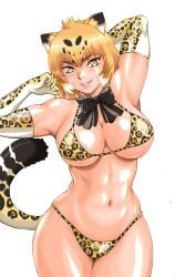 1girls adult big_breasts bikini bikini_armor blonde_hair breasts ear female gloves happy heart jaguar_(kemono_friends) kemono_friends manabe_jouji muscular muscular_female solo solo_female tail tiger yellow_eyes