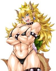 1girls abs big_breasts bikini black_bikini blonde_hair blue_eyes bowsette breasts crossed_arms female female_only hair_ribbon happy horns humanoid makeup manabe_jouji mario_(series) muscles muscular muscular_female new_super_mario_bros._u_deluxe nintendo simple_background solo standing tail thick_thighs white_background