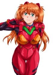 1girls armor asuka_langley_sohryu bimbo blue_eyes bodysuit breasts covered_nipples female happy hi_res jpeg manabe_jouji neon_genesis_evangelion orange_hair plugsuit red_armor red_bodysuit smile solo thick_thighs white_background wide_hips