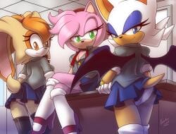 amy_rose black_thighhighs cream_the_rabbit looking_at_viewer nancher rouge_the_bat school_uniform schoolgirl schoolgirls seductive_look seductive_smile sega sonic_(series) sonic_team sonic_the_hedgehog_(series) source_request thighhighs upskirt white_panties white_socks