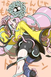 1girls ass ass_focus digital_drawing_(artwork) digital_media_(artwork) female female_only grin iono_(pokemon) japanese_dialogue looking_at_viewer looking_back orange_background oversized_clothes pokemon pokemon_(species) pokemon_sv pussy_outline tagme tangela tentacle tight_shorts tsuwitchii84 twintails