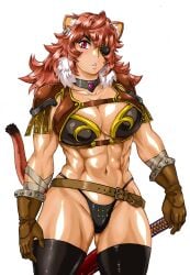 1girls abs bandage belt big_breasts black_bikini boots breasts cat_tail catgirl fantasy female female_only gloves manabe_jouji muscular pink_hair solo spade tail thick_thighs violet_eyes warrior white_background