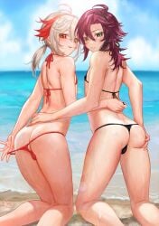 2boys beach bikini crossdressing curvy femboy genshin_impact girly kaedehara_kazuha male male_only micro_bikini ojisan_nyan shikanoin_heizou sissy sweat tagme teasing trap yaoi