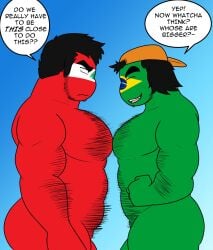 2boys ass big_ass body_hair braleb brazil_(countryhumans) countryhumans dialogue dick flaccid flagsafterdxxx gay lebanon_(countryhumans) male male_only muscular muscular_male nude nude_male pecs