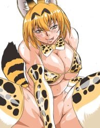 1girls adult backboob big_breasts bikini blonde_hair boots breasts clothed clothing ear female gloves happy happy_sex kemono_friends legs_up little_bow manabe_jouji nipples_visible_through_clothing outside serval_(kemono_friends) tail wide_hips yellow_eyes