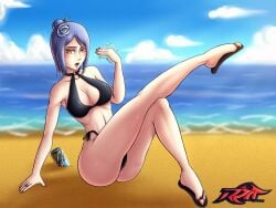 akatsuki_(naruto) bikini blue_hair blush can center_opening drink fanning fanning_face fanning_self feet female female_only flip_flops heat konan long_hair looking_at_viewer makeup midriff nail_polish naked_footwear naruto naruto_(series) naruto_shippuden ocean piercing reit revealing_swimsuit ring sand sandals sea seaside side-tie_bikini soda solo summer sunlight sweat sweatdrop sweating swimsuit toes voluptuous water