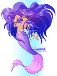 1girls 2020 2020s blue_hair breasts flowing_hair in_water long_hair looking_at_viewer megaphilx mermaid mermaid_tail nipples pearl_necklace png purple_hair purple_tail ranma_1/2 red_eyes seashell_hair_ornament shampoo_(ranma_1/2) solo_female solo_focus topless topless_female watermark