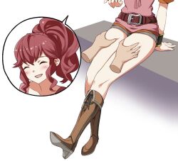 1girls anna_(fire_emblem) anna_(fire_emblem_awakening)_(apotheosis) bare_legs bare_thighs blush closed_eyes face_closeup female_focus fire_emblem fully_clothed groping happy igni_tion legs lower_body nintendo open_mouth ponytail red_hair sitting solo_focus speech_bubble thigh_grab thighs