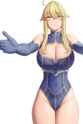 1girls ahoge artoria_pendragon artoria_pendragon_(lancer) bare_shoulders blonde_hair blue_gloves blue_leotard breasts cleavage cleavage_cutout clothing_cutout covered_navel elbow_gloves fate/grand_order fate_(series) female female_focus female_only gloves green_eyes hair_between_eyes highleg_leotard highres hug_invitation imminent_hug large_breasts leotard long_hair looking_at_viewer lvl_(sentrythe2310) outstretched_arms sidelocks solo thighs white_background