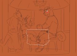 anthro bulge clasped_hands clothing cricket_talot dragonborn_(dnd) dungeons_and_dragons fek felid gazebo gnoll group hasbro hat headgear headwear male male/male mammal menu ordering_food paws restaurant tabaxi thacharay_weeds trio under_the_table waiter wizards_of_the_coast