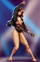 atomis barefoot bass_guitar bethesda_softworks brown_hair casual dark_skin electric_guitar fallout female female_focus female_only green_eyes guitar human leather_jacket lemonbird long_legs mostly_nude musical_instrument original_character outerwear perky_breasts