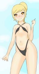 1girls adult bikini blonde_hair female heart-shaped_pupils light-skinned mari_gold micro_bikini mole mole_under_eye orange_eyes rong_rong small_breasts tagme thick_eyebrows