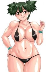 1girls abs big_breasts bikini black_bikini bracelets breasts female female_only green_hair happy manabe_jouji muscular solo thick_thighs white_background yellow_eyes