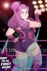 1girls blue_eyes female female_focus female_only great_dude large_ass looking_at_viewer pink_hair pinup she-ra_and_the_princesses_of_power slightly_chubby solo solo_female spinnerella tagme text unitard wrestling wrestling_outfit wrestling_ring