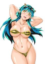 1girls armpits big_breasts blue_eyes breasts curvaceous female green_hair horns humanoid lum manabe_jouji oni pale_skin pointy_ears solo thick_thighs urusei_yatsura wide_hips