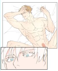 2boys blue_eyes blush closed_eyes completely_nude curtain_grab egavinote jujutsu_kaisen kento_nanami looking_at_another lying_on_bed orange_hair satoru_gojo shaking yaoi