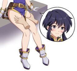 1girls bare_legs bare_thighs blush dark_eyes dark_hair face_closeup female_focus fire_emblem fire_emblem:_genealogy_of_the_holy_war fully_clothed groping igni_tion larcei_(fire_emblem) legs lower_body nintendo sitting smile solo_focus speech_bubble thigh_grab thighs white_background