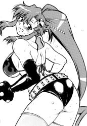 1girls ass big_breasts bikini boots breasts female glasses gloves hair_ornament happy legs looking_at_viewer manabe_jouji monochrome rear_view red_hair solo sweat tengen_toppa_gurren_lagann triangle_bikini very_long_hair yoko_littner