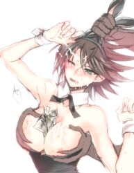 banknote blush breast_grab breasts_out brown_hair bunny_ears bunny_girl cardfight!!_vanguard fake_animal_ears fondling_breast genderswap_(mtf) green_eyes huge_breasts money nipple_slip object_between_breasts rule_63 short_hair tarteap tears toshiki_kai wink wrist_cuffs