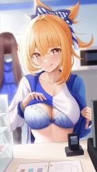 2girls arayuki_(sakurafubuki) blonde_hair blushing bra breasts busty cleavage employee_uniform exhibitionism female female_only flashing flashing_breasts genshin_impact hi_res hu_tao_(genshin_impact) licking_lips looking_at_viewer naughty_face pov public public_exposure shirt_lift teasing yoimiya_(genshin_impact)