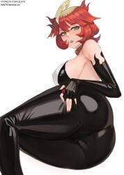 1girls ass dat_ass female female_only huge_ass light-skinned_female light_skin looking_at_viewer lsls lying_on_side mela_(pokemon) nails nintendo pokemon pokemon_sv red_hair red_nails team_star thick_ass thick_thighs tight_clothing