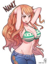 1girls armpits arms_up bikini_top_only bra breasts cleavage collarbone creeeen female female_only highres huge_breasts jeans nami navel one_piece orange_eyes orange_hair post-timeskip simple_background solo standing tongue tongue_out white_background