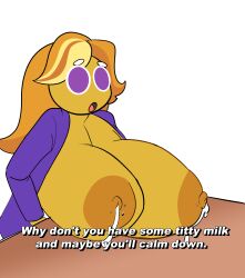 1girls big_breasts blonde_hair breasts breasts_bigger_than_head breasts_on_table breasts_out breasts_out_of_clothes coffee_cookie cookie_run cookie_run_ovenbreak dialogue english_text exposed_breasts female hi_res huge_breasts lactating lactation long_hair meme nipples open_mouth purple_eyes purple_sweater redmagician8 solo standing white_background white_shirt