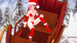 blush blush brown_eyes brown_hair christmas evergreen_tree green_eyeshadow hand_on_knee looking_at_viewer mountain neo_(rwby) pink_eyes pink_hair rwby sitting sleigh snow tree two_tone_hair