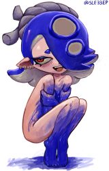 ass barefoot breasts covering covering_breasts ear_piercing embarrassed_nude_female enf feet naked nude p0stalk paint shiver_(splatoon) smile splatoon squatting tiptoes