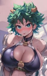 :p ai_generated big_breasts blush cleavage cow_girl female_deku green_eyes green_hair horns izuku_midoriya large_breasts looking_at_viewer merukuma my_hero_academia rule_63 short_hair skimpy tagme tongue tongue_out