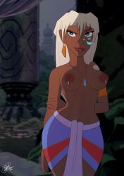 1girls armwear atlantis:_the_lost_empire big_breasts blue_eyes bunbunmuffinart casual dark-skinned_female dark_skin disney female female_focus female_only human kida long_hair looking_at_viewer necklace neckwear nipple_piercing nipples piercing topless white_hair