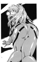 1girls all_fours ass ass_focus asuka_langley_sohryu big_ass bimbo black_and_white dat_ass female legs looking_at_viewer looking_back manabe_jouji neon_genesis_evangelion page_18 page_number plugsuit rear_view solo surprised thick_thighs