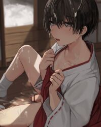 1boy after_sex bar_censor black_hair bulge censored collarbone crossdressing cum cum_on_body cum_on_hair facial femboy hair_between_eyes hakama hakama_short_skirt hakama_skirt japanese_clothes kimono male_focus miko one_eye_closed original otoko_no_ko penis red_hakama sitting skirt socks solo sunaba_(nczd5875) testicles white_kimono white_socks wide_sleeves yaoi