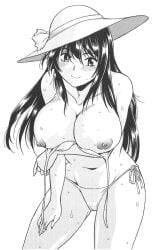 1girls abs big_breasts bikini black_hair breasts curvaceous curves female happy hat legs long_hair mama manabe_jouji mature_female milf nipples solo solo_female thick_thighs white_bikini