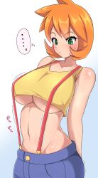 adapted_costume armpits asymmetrical_hair bare_legs blush breasts cowboy_shot creatures_(company) denim denim_shorts female game_freak gen_1_pokemon gen_2_pokemon green_eyes gym_leader hakuku815 highres honotomo7 huge_breasts kasumi_(pokemon) large_breasts legs navel nintendo orange_hair pokemon pokemon_(anime) pokemon_(classic_anime) pokemon_(game) pokemon_hgss ponytail shirt short_hair short_shorts shorts simple_background solo suspenders tank_top thighs underboob yellow_shirt yellow_tank_top