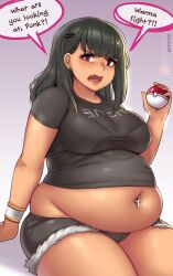 1girls 2022 angry annoyed blush blush_lines blushing chub chubby chubby_female english_text fat fatty female female_only hairpin human human_only kipteitei navel navel_piercing piercing pokeball solo solo_female speech_bubble tagme text