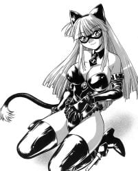 1girls abs black_mask black_panties boots breasts cat_tail catgirl ear ears_back elbow_gloves female happy latex long_hair manabe_jouji manga mask masked_female superheroine tail tail_chasers thick_thighs thigh_boots