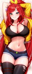 arm_tattoo arms_behind_head arms_up big_breasts breasts busty cleavage clickdraws crop_top daisy_dukes dakimakura denim denim_shorts elly_(vtuber) female highres indie_virtual_youtuber midriff navel no_bra red_hair short_shorts shorts tattoo tattooed_arm thighhighs thighs virtual_youtuber voluptuous voluptuous_female