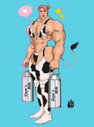 abs bulge cow_(cosplay) cow_horns cow_print cow_tail heart male male_only milk muscles muscular muscular_male pecs pink_hair rodrigolandave8 thick_thighs twitter_user_oc zayn_(rodrigolandave8)