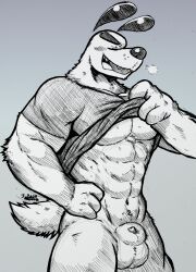 1boy 2d abs absurd_res animal_genitalia anthro artist_name artist_signature athletic athletic_anthro balls biceps black_and_white blush bottomless bottomless_male breath canid canine canis clothed clothing domestic_dog dudley_puppy eyes_closed fur genitals greyscale hand_on_hip hi_res huge_filesize jwbash male mammal mixed_breed muscular muscular_male nickelodeon open_mouth sharp_teeth sheath shirt shirt_lift shirt_up simple_background solo standing steamy_breath t.u.f.f._puppy teeth tongue topwear traditional_media_(artwork) white_background