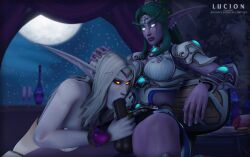 2girls 3d athletic_female athletic_futanari azshara blizzard_entertainment blue_eyes elf fellatio female female/female futa_on_female green hair jewelry lucionart night_elf queen_azshara strap-on suck sucking tagme tyrande_whisperwind warcraft white_hair world_of_warcraft yellow_eyes