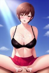 ai_generated black_bra blush breasts brown_eyes brown_hair cowgirl_position cum cum_in_pussy cum_inside cum_on_breasts looking_at_viewer meiko meiko_(vocaloid) red_skirt sex short_hair stable_diffusion very_short_hair vocaloid