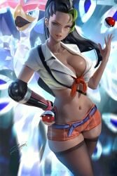 1girls aged_up artist_signature big_breasts black_hair booty_shorts breasts brown_eyes brown_skin cleavage dark-skinned_female dark_skin deviantart deviantart_link female green_highlights large_breasts long_hair looking_at_viewer micro_shorts microshorts nemona_(pokemon) nintendo orange_shorts poke_ball pokeball pokemon pokemon_sv quaquaval school_uniform short_shorts shorts slim_waist terastallization thick_thighs twitter_link zumi