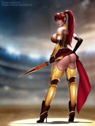 1girls ankle_boots arena arm_gloves armlet armor armored_corset ass bangs bare_ass bracer circlet corset female female_only gloves gorget greaves green_eyes high_heel_boots high_heels high_ponytail john_reith lipstick long_hair miló_(rwby) ponytail pyrrha_nikos red_hair red_lipstick red_sash rwby sash shiny_hair shiny_skin skirt skirt_lift skirt_up smile solo sweat sword tagme weapon