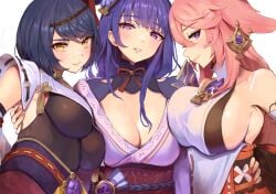 3girls black_hair blush breast_press breasts busty cleavage female female_only genshin_impact hi_res kujou_sara large_breasts light-skinned_female light_skin looking_at_viewer pink_hair purple_eyes purple_hair raiden_shogun sideboob sukoyaka93 yae_miko yellow_eyes