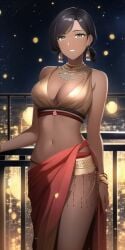 ai_generated balcony bangle belly_dancer belly_dancer_outfit big_breasts black_hair dark-skinned_female detailed_background diwali earrings indian indian_female jewelry nai_diffusion original original_character sari smiling_at_viewer stable_diffusion