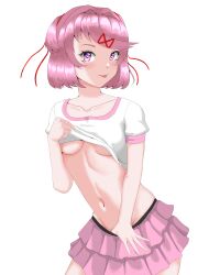 1girls doki_doki_literature_club eiji_zatsu female looking_at_viewer natsuki_(doki_doki_literature_club) pink_eyes pink_hair pink_skirt shirt skirt solo tongue tongue_out white_background white_shirt