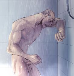 balls blizzard_entertainment boner closed_eyes dilf erection leaning_on_wall male male_only masturbation muscles nude ohdamntavya overwatch penis precum shower sigma_(overwatch) solo solo_male steamy_breath water wet