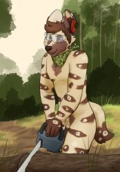 african_wild_dog anthro canid canine casual_nudity chainsaw chip_(pickles-hyena) genitals hearing_protection hi_res hybrid hyena kerchief kerchief_only male mammal nude outside penis pickles-hyena power_tool safety_glasses tools